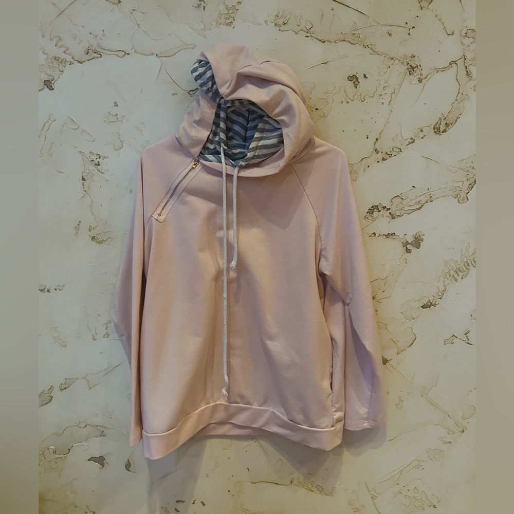Double-Hooded Hoodie Set Large Pink & White Stripes Casual Lounge Top EUC